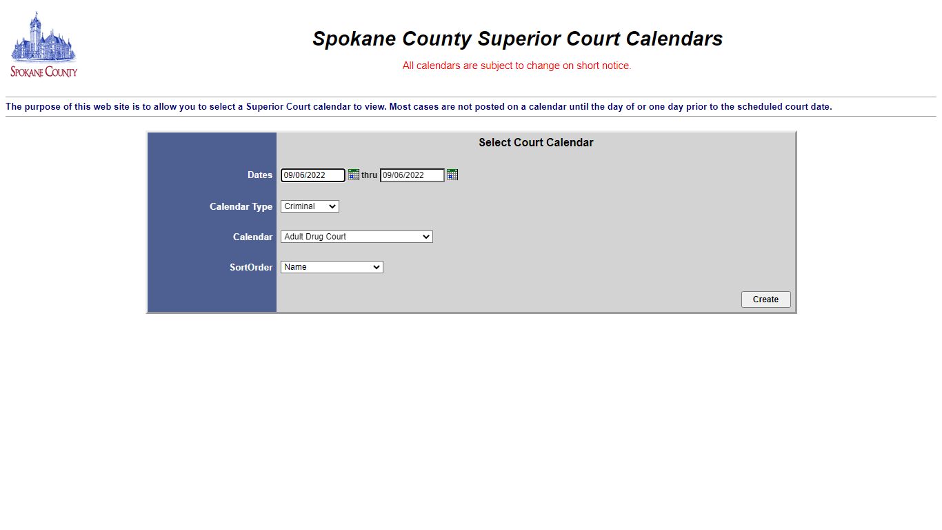 Superior Court Calendars - Spokane County, Washington